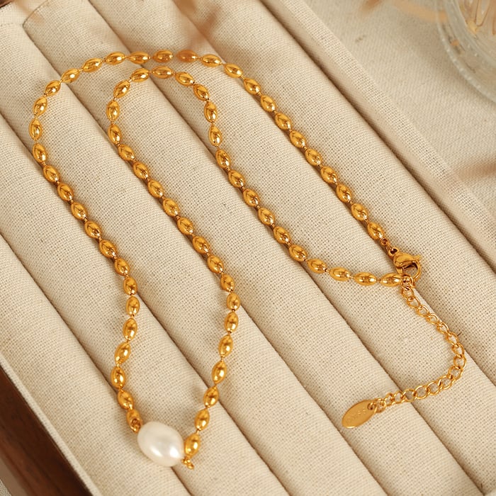 1 Piece Simple Series Retro Beads Stainless Steel  Gold Color Artificial Pearl Women's Beaded Necklaces 